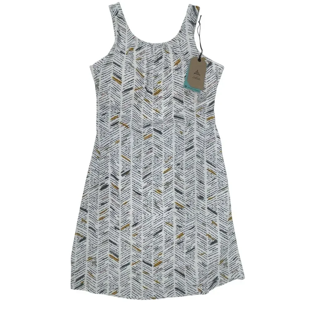 NEW PrAna Skypath‎ Dress XL White w/Multicolor Pattern Knit Sleeveless Shelf Bra